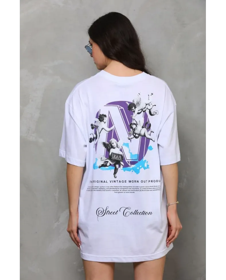 Kadın Baskılı T-Shirt Kısa Kol Bisiklet Yaka  Ovarsize Rahat Kalıp Günlük Tişört  - Beyaz