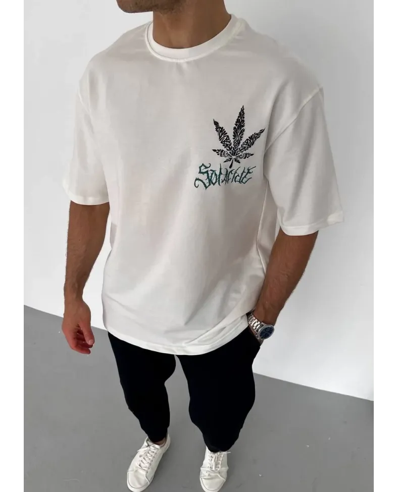 Erkek  Bisiklet Yaka Baskılı Oversize T-Shirt - Beyaz