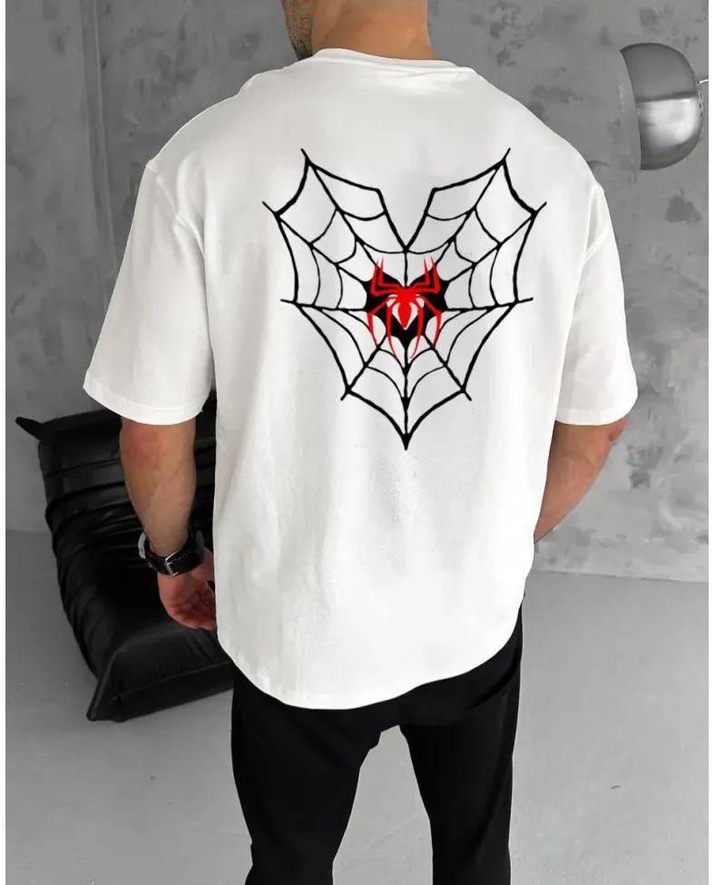 ERKEK Bisiklet Yaka Örümcek Baskılı Oversize T-Shirt - Beyaz