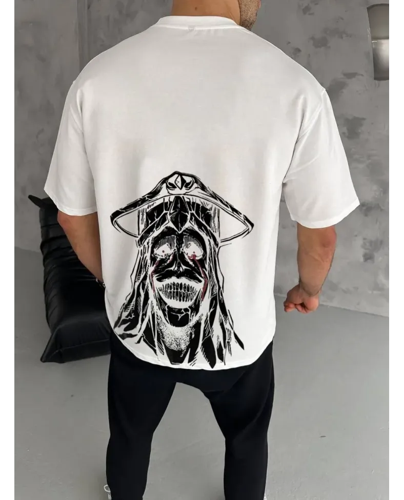 ERKEK Bisiklet Yaka kol ve arka Baskılı Oversize T-Shirt - Beyaz