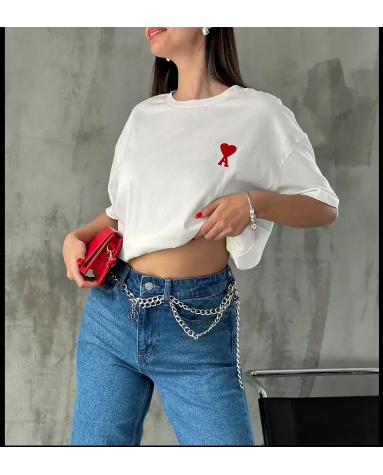 kadın Bisiklet Yaka Baskılı Oversize T-Shirt - Beyaz