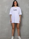 kadın Bisiklet Yaka Baskılı Oversize T-Shirt - Beyaz