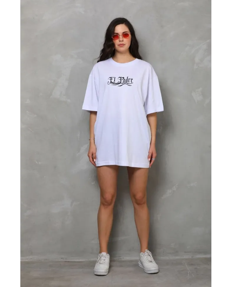 kadın Bisiklet Yaka Baskılı Oversize T-Shirt - Beyaz