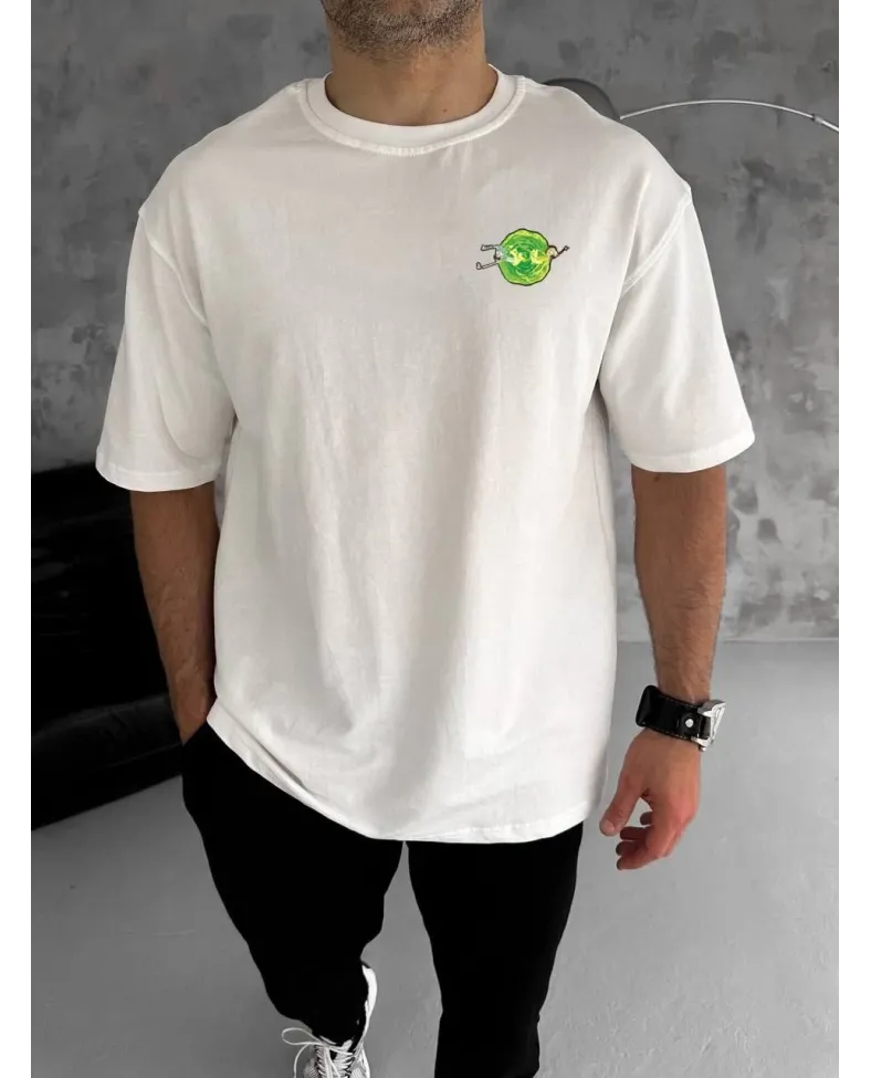 Erkek Bisiklet Yaka Baskılı Oversize T-Shirt - Beyaz