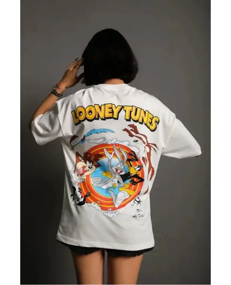 kadın Bisiklet Yaka Baskılı Oversize T-Shirt - Beyaz