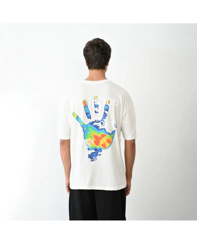 Erkek Bisiklet Yaka Baskılı Oversize T-Shirt - Beyaz