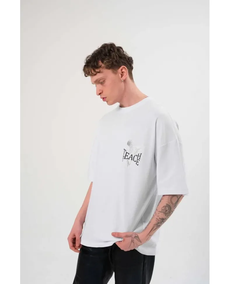 Erkek Bisiklet Yaka Baskılı Oversize T-Shirt - Beyaz
