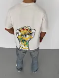 Erkek  Bisiklet Yaka Baskılı Oversize T-Shirt - Beyaz