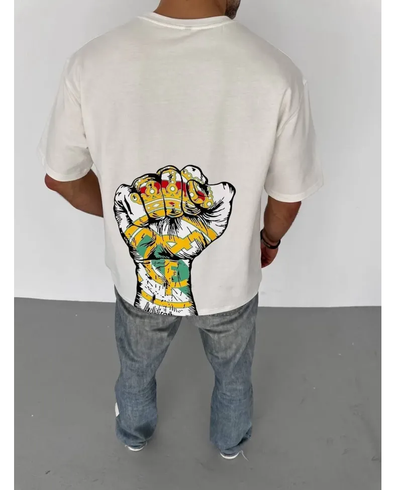 Erkek  Bisiklet Yaka Baskılı Oversize T-Shirt - Beyaz