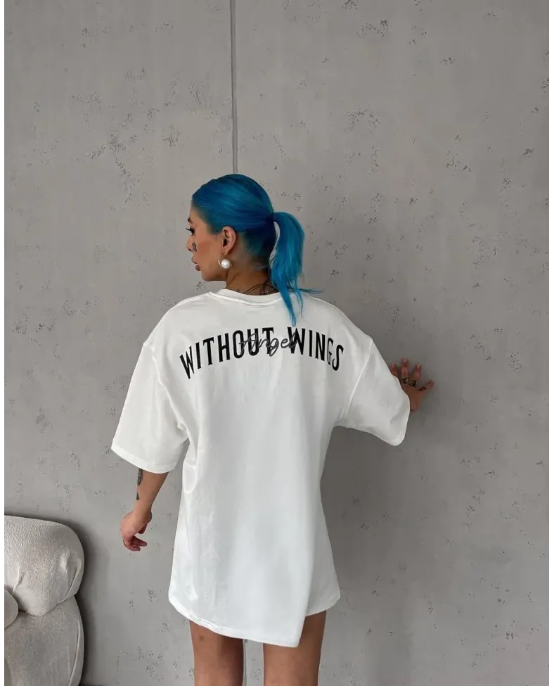 kadın  Bisiklet Yaka Baskılı Oversize T-Shirt - Beyaz