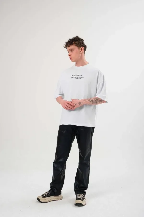 Erkek Bisiklet Yaka Baskılı Oversize T-Shirt - Beyaz