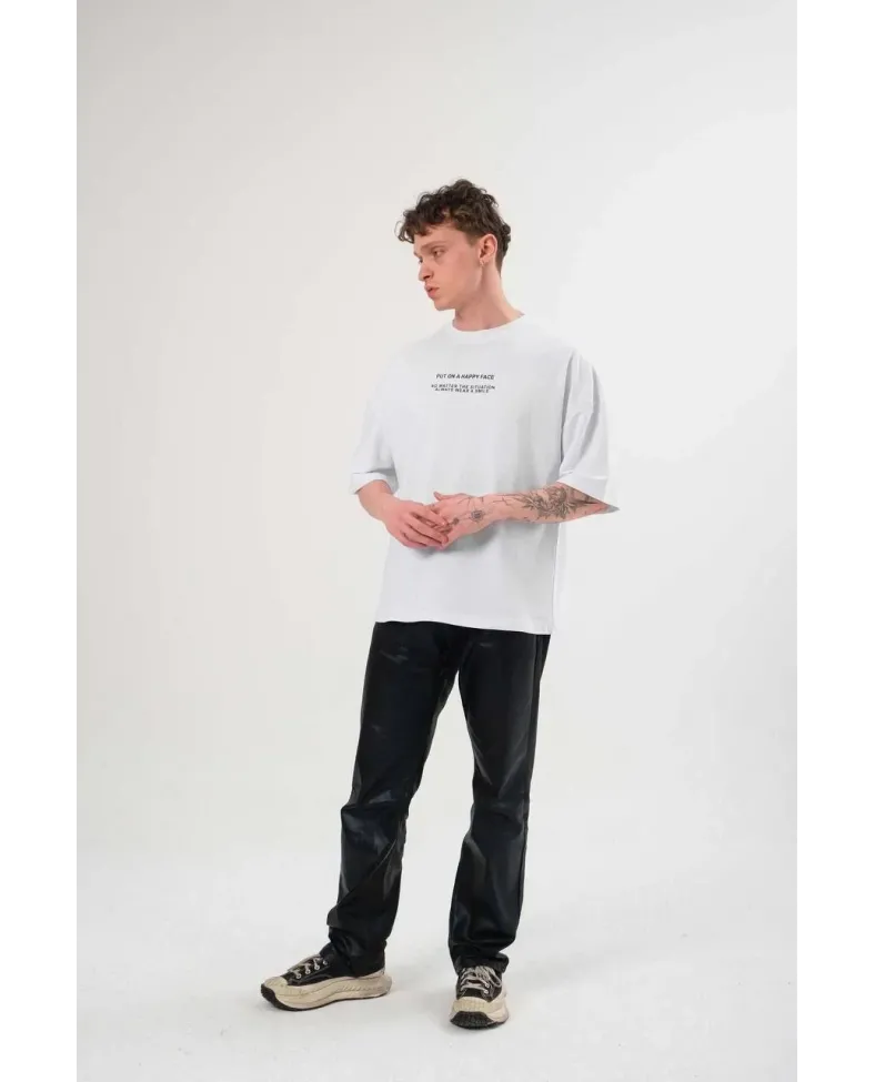 Erkek Bisiklet Yaka Baskılı Oversize T-Shirt - Beyaz