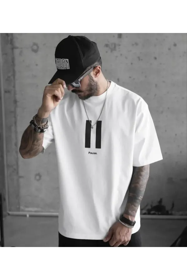 ERKEK Bisiklet Yaka Baskılı Oversize T-Shirt - Beyaz