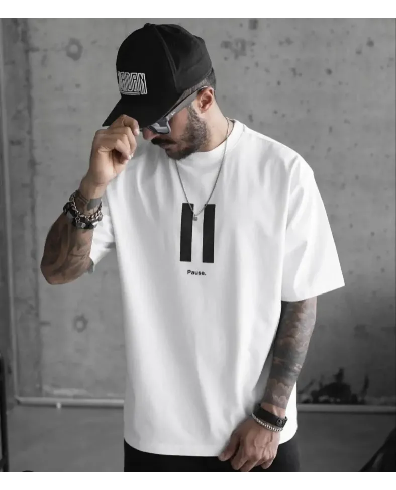 ERKEK Bisiklet Yaka Baskılı Oversize T-Shirt - Beyaz