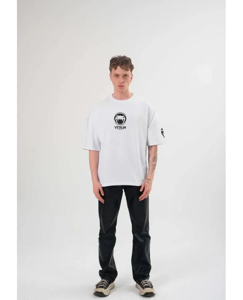 Erkek Bisiklet Yaka Baskılı Oversize T-Shirt - Beyaz