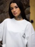 kadın Bisiklet Yaka Baskılı Oversize T-Shirt - Beyaz
