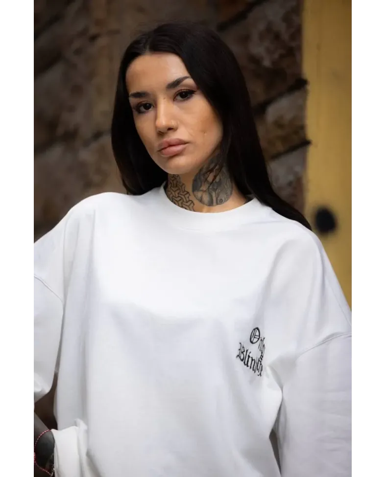 kadın Bisiklet Yaka Baskılı Oversize T-Shirt - Beyaz