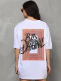 kadın Bisiklet Yaka Baskılı Oversize T-Shirt - Beyaz