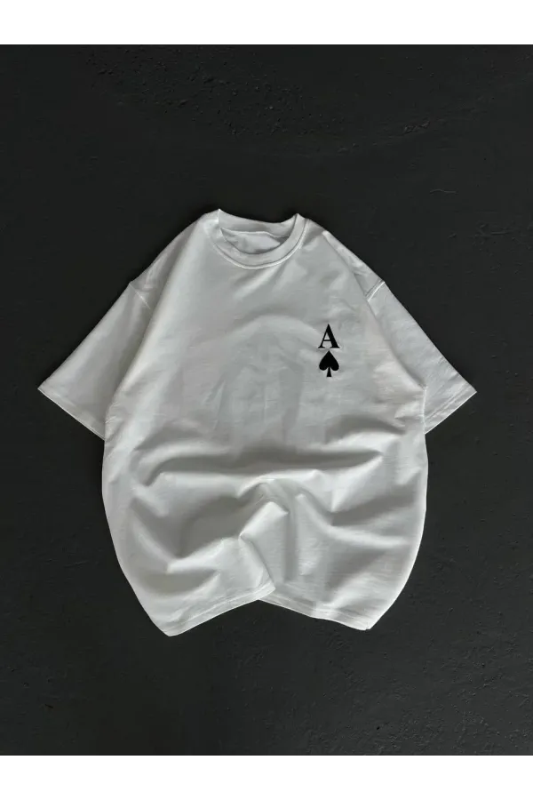 kadın  Bisiklet Yaka Baskılı Oversize T-Shirt - Beyaz