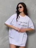 kadın Bisiklet Yaka Baskılı Oversize T-Shirt - Beyaz