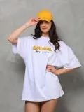 kadın Bisiklet Yaka Baskılı Oversize T-Shirt - Beyaz