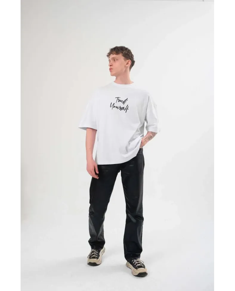 Erkek Bisiklet Yaka Baskılı Oversize T-Shirt - Beyaz