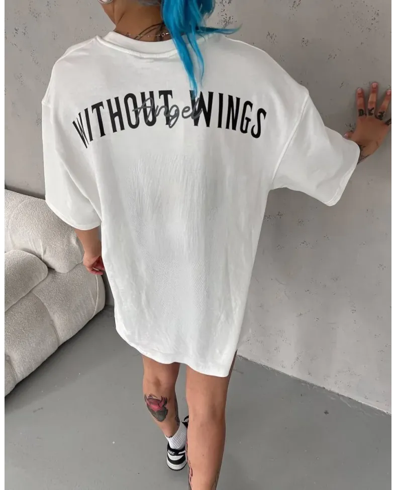 kadın  Bisiklet Yaka Baskılı Oversize T-Shirt - Beyaz