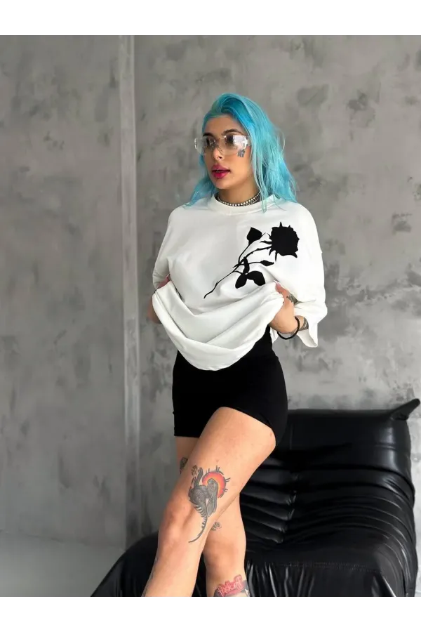 kadın  Bisiklet Yaka Baskılı Oversize T-Shirt - Beyaz