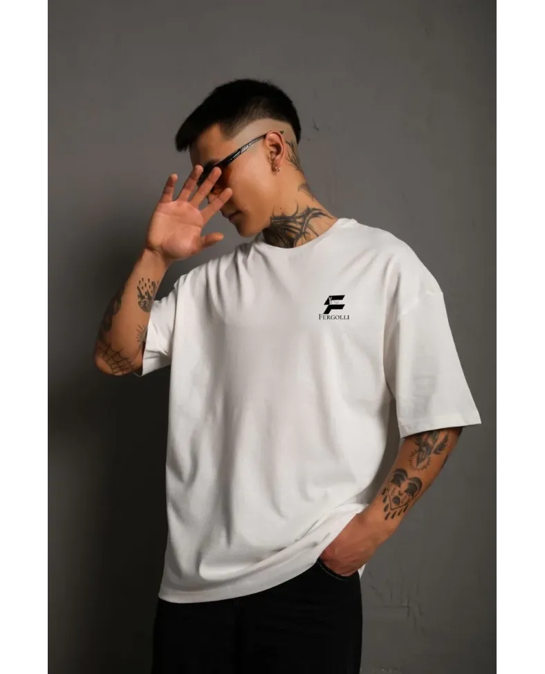 Erkek Bisiklet Yaka Baskılı Oversize T-Shirt - Beyaz