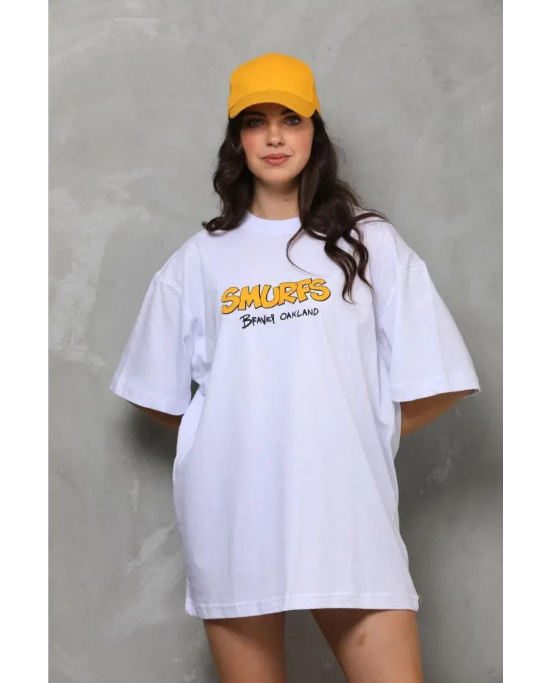 kadın Bisiklet Yaka Baskılı Oversize T-Shirt - Beyaz