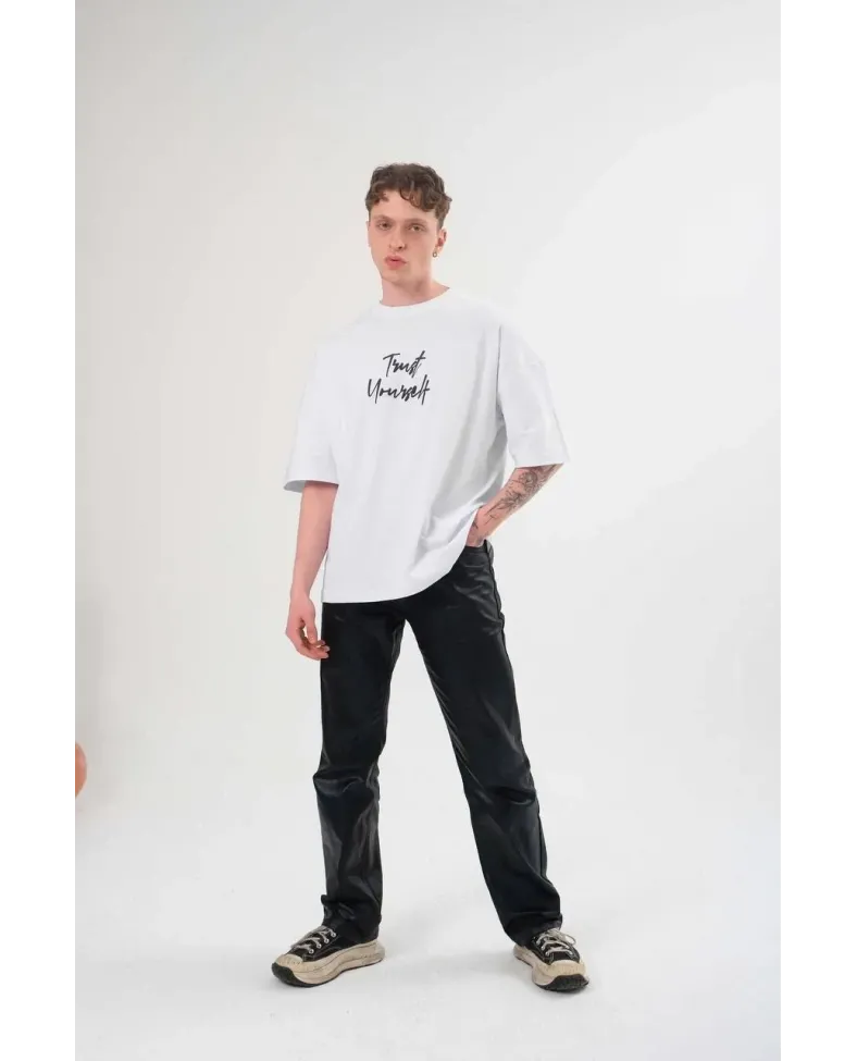 Erkek Bisiklet Yaka Baskılı Oversize T-Shirt - Beyaz