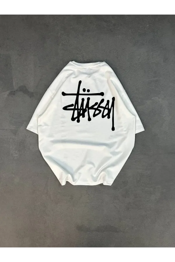 kadın Bisiklet Yaka Baskılı Oversize T-Shirt - Beyaz