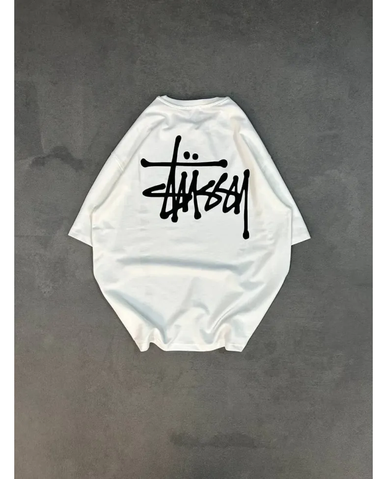 kadın Bisiklet Yaka Baskılı Oversize T-Shirt - Beyaz