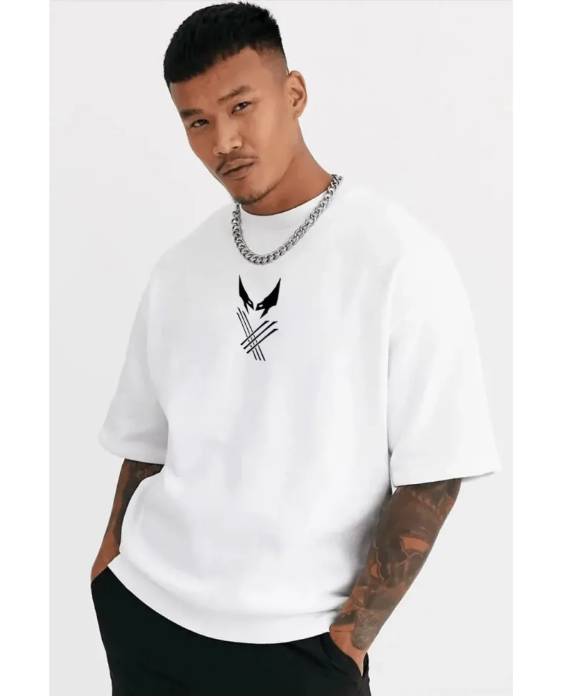 ERKEK Bisiklet Yaka Baskılı Oversize T-Shirt - Beyaz