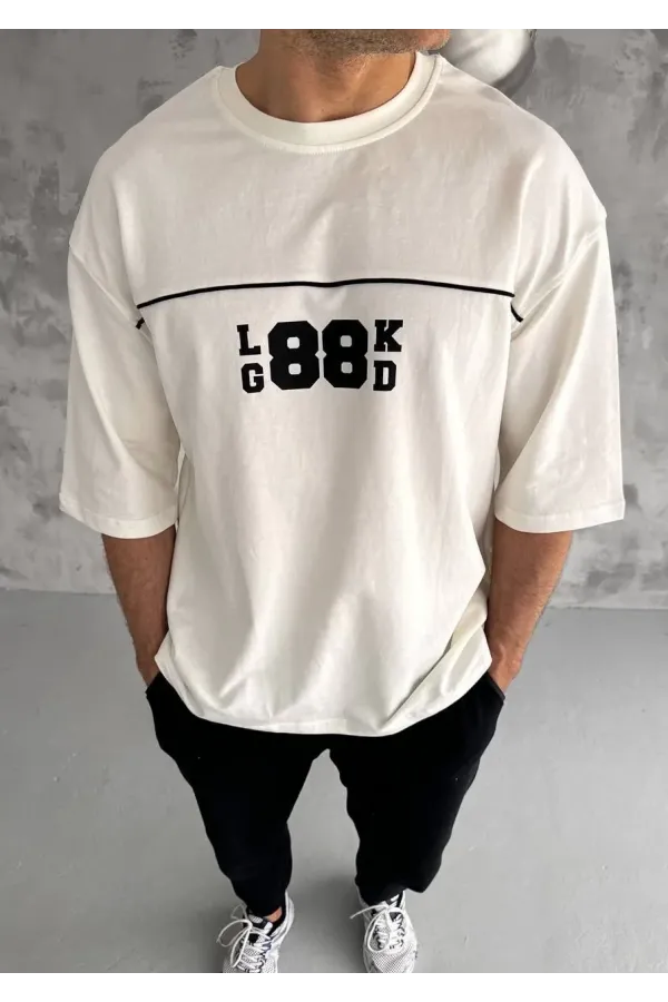 ERKEK Bisiklet Yaka Baskılı Oversize T-Shirt - Beyaz
