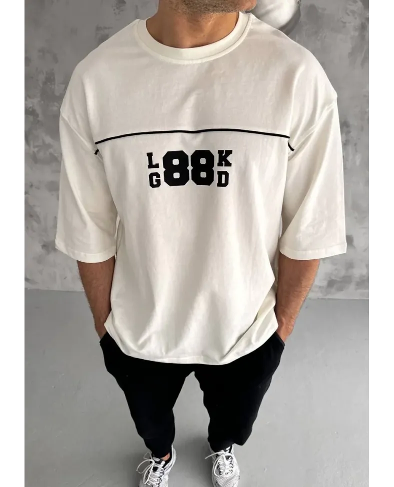 ERKEK Bisiklet Yaka Baskılı Oversize T-Shirt - Beyaz