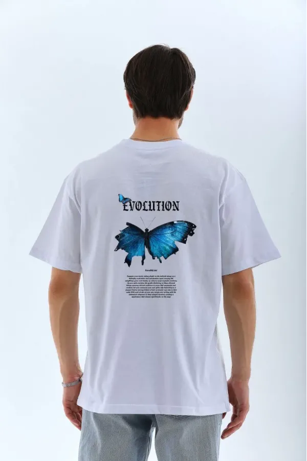Erkek  Bisiklet Yaka Kelebek Baskılı Oversize T-Shirt - Beyaz