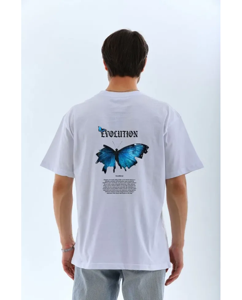 Erkek  Bisiklet Yaka Kelebek Baskılı Oversize T-Shirt - Beyaz