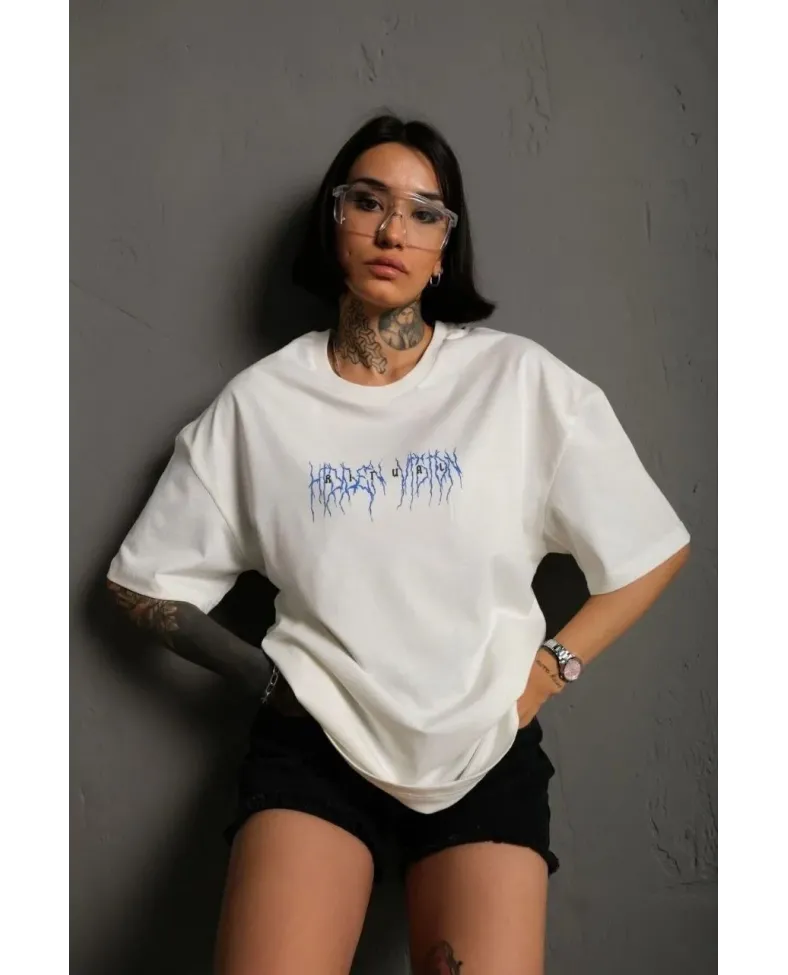 kadın Bisiklet Yaka Baskılı Oversize T-Shirt - Beyaz