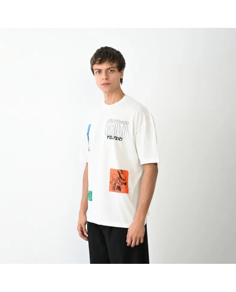 Erkek  Bisiklet Yaka Baskılı Oversize T-Shirt - Beyaz