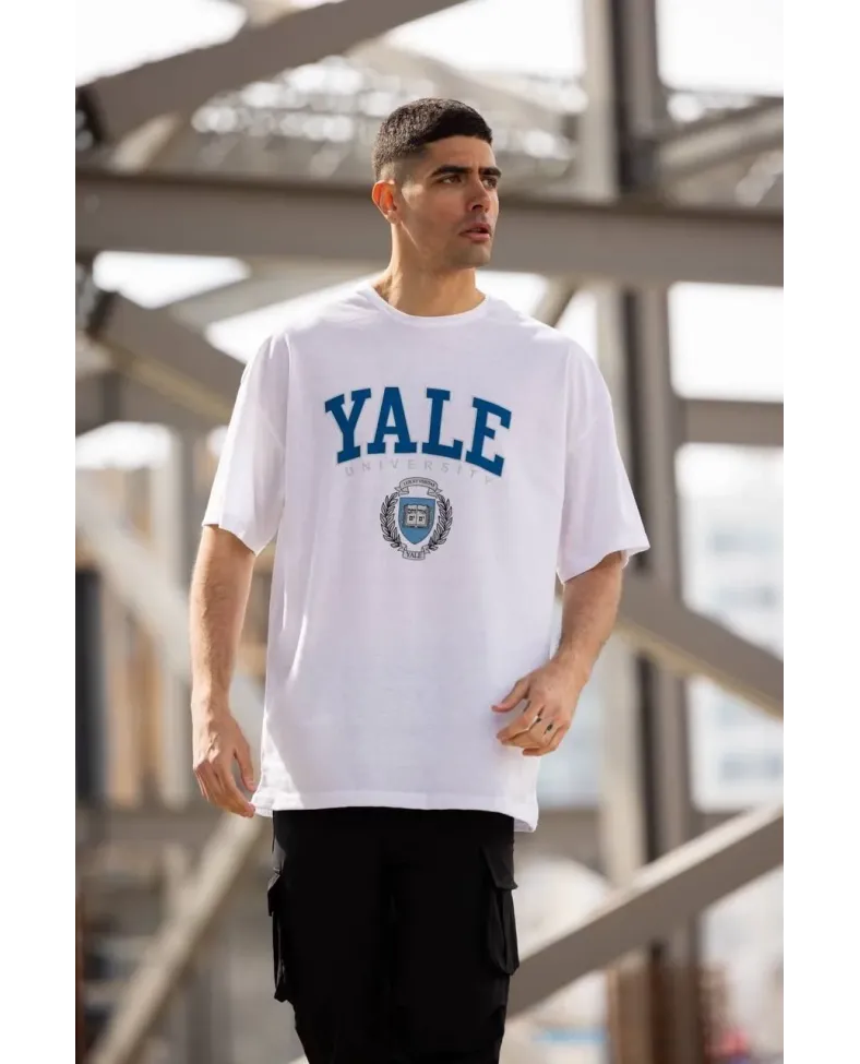 Unisex Bisiklet Yaka Baskılı Oversize T-Shirt - Beyaz