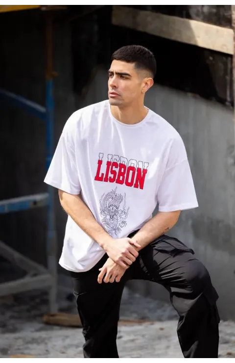 Erkek Baskılı T-Shirt Kısa Kol Bisiklet Yaka Regular Fit Rahat Kalıp Günlük Tişört - Beyaz