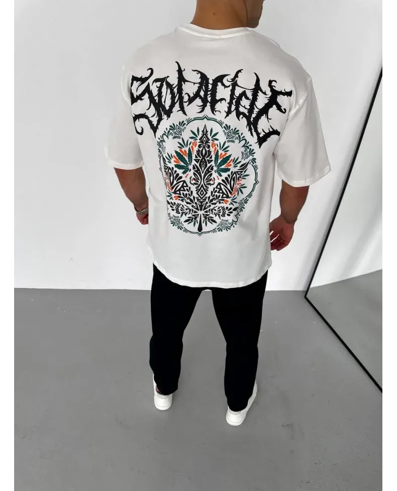 Erkek  Bisiklet Yaka Baskılı Oversize T-Shirt - Beyaz