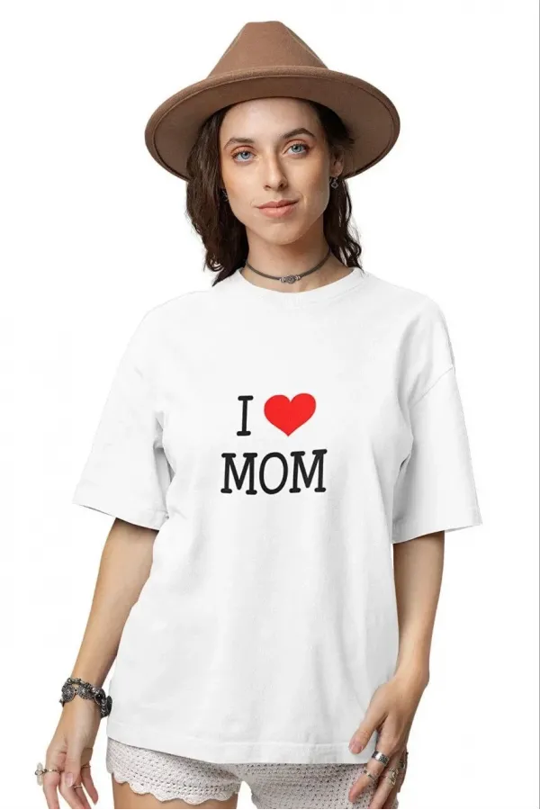 kadın  Bisiklet Yaka Baskılı Oversize T-Shirt - Beyaz