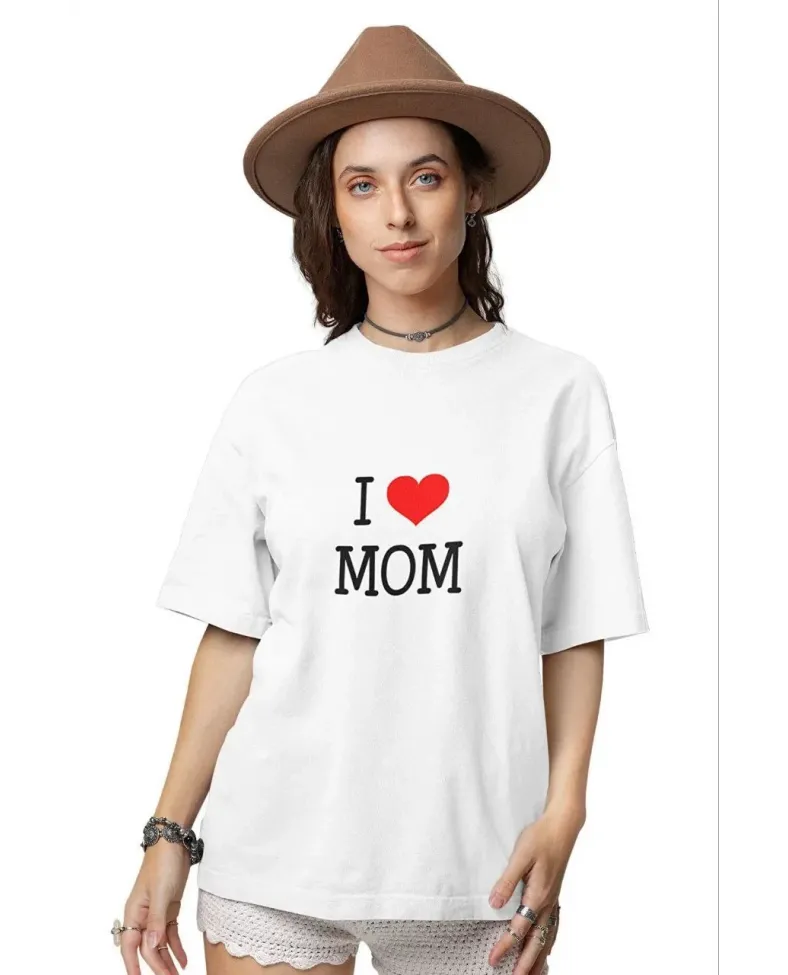 kadın  Bisiklet Yaka Baskılı Oversize T-Shirt - Beyaz