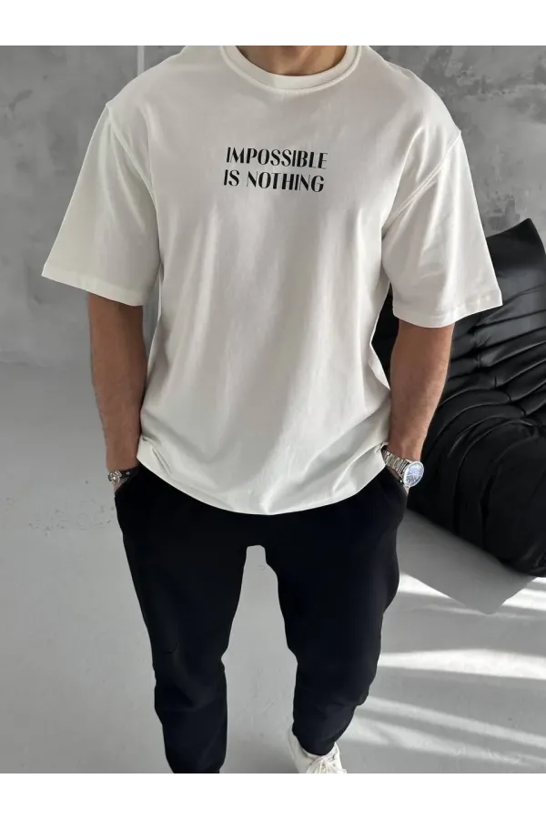 Erkek Bisiklet Yaka Baskılı Oversize T-Shirt - Beyaz
