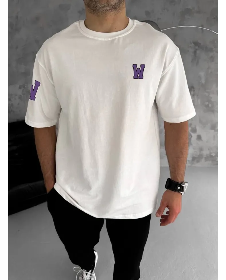 Erkek  Bisiklet Yaka Baskılı Oversize T-Shirt - Beyaz