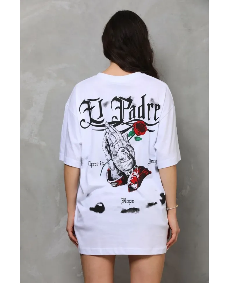 kadın Bisiklet Yaka Baskılı Oversize T-Shirt - Beyaz