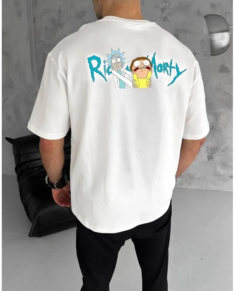 Erkek Bisiklet Yaka Baskılı Oversize T-Shirt - Beyaz