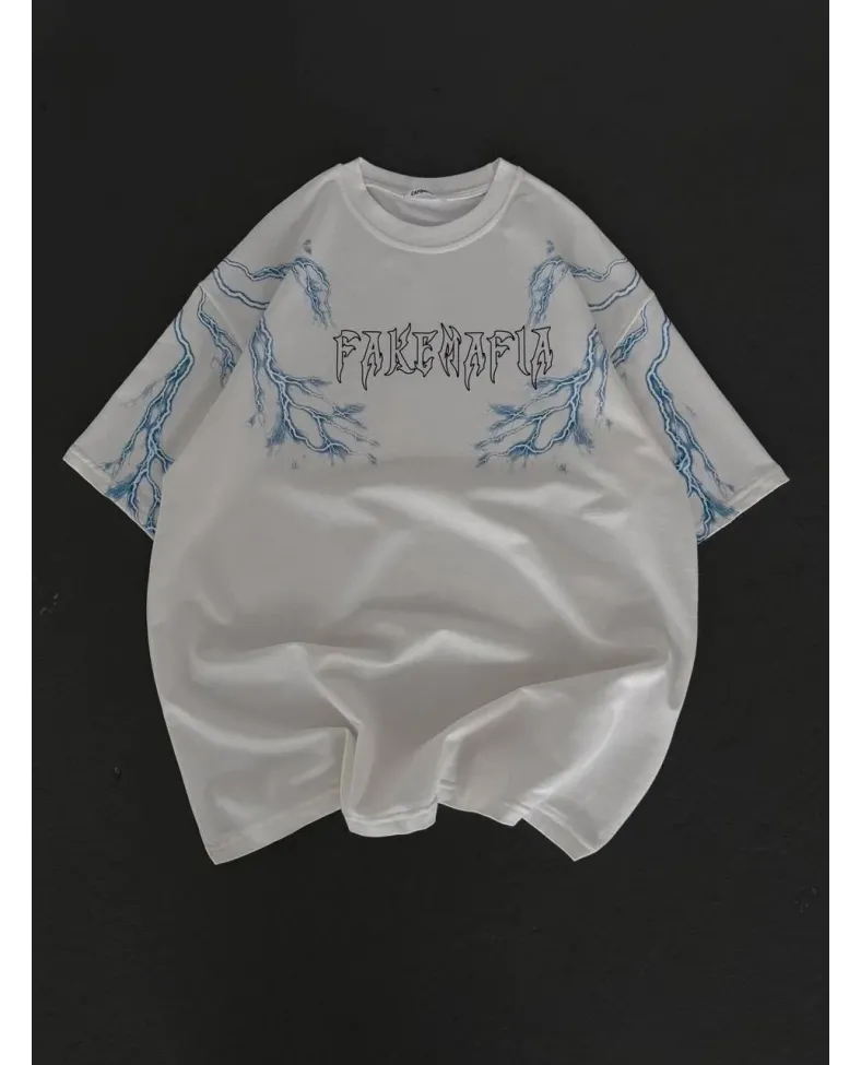 Kadın Bisiklet Yaka Baskılı Oversize T-Shirt - Beyaz